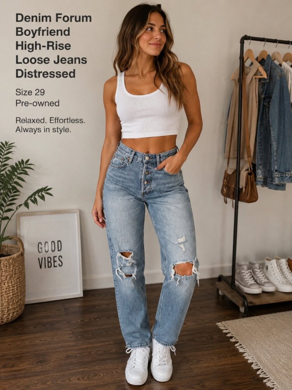 Denim Forum Boyfriend High Rise Loose Distressed Jeans Light Wash Relaxed 29